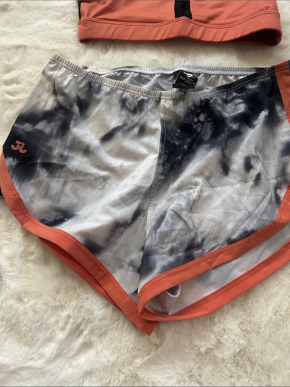 Joand Jax Coral and Black Sports Bra + Tie-Dye Coral-Trim Running Shorts Set - Picture 2 of 7